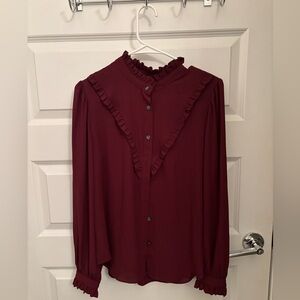 Ann Taylor Burgundy Ruffle Button-Up Blouse